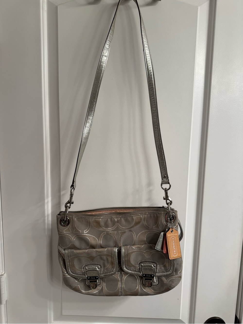 Coach Metallic Gray Signature Crossbody Bag with Buckle Pockets